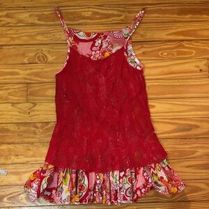 Free People Red Floral Mini Dress with knit overlay size M